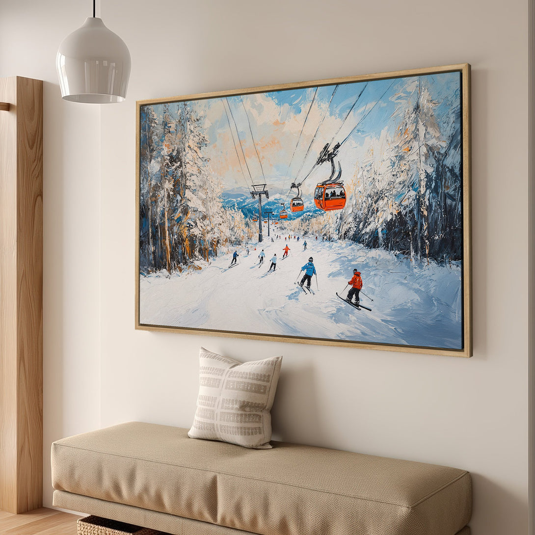 Framed Wall Art: Ski slope scene with skiers, cable cars, and snow-covered trees. Impressionistic style with blue, white, and orange color palette. Perfect winter decor.