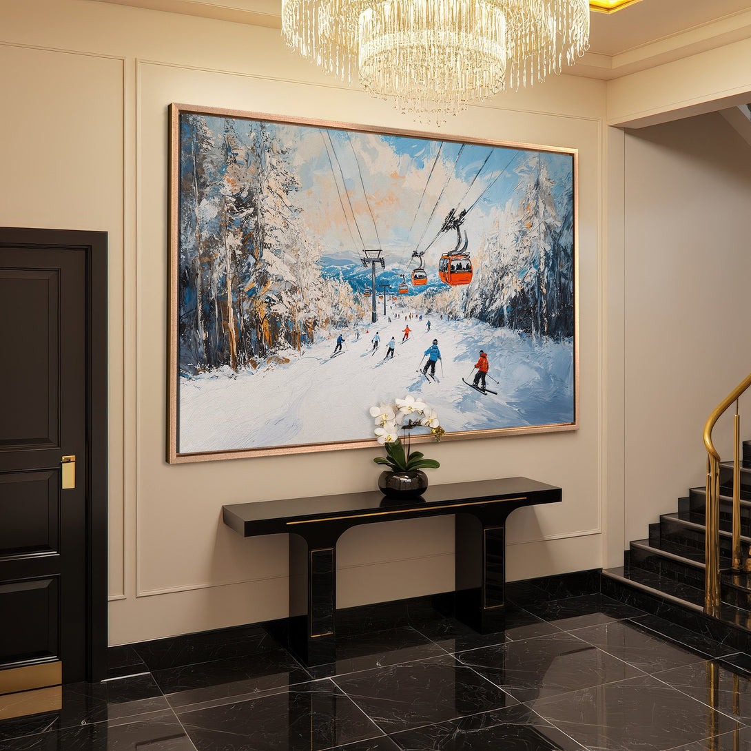 Framed Wall Art: Winter ski scene canvas print in a luxury interior. Featuring skiers, snowy mountains, and a blue, white, and orange palette.
