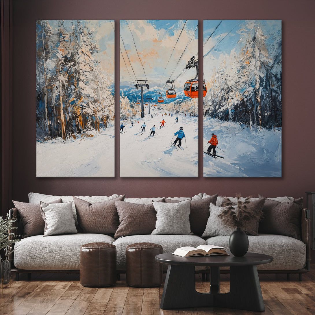 Canvas Print of a ski scene in impressionist style, featuring skiers, orange ski lifts, and a blue/white/orange color palette. Perfect wall art!