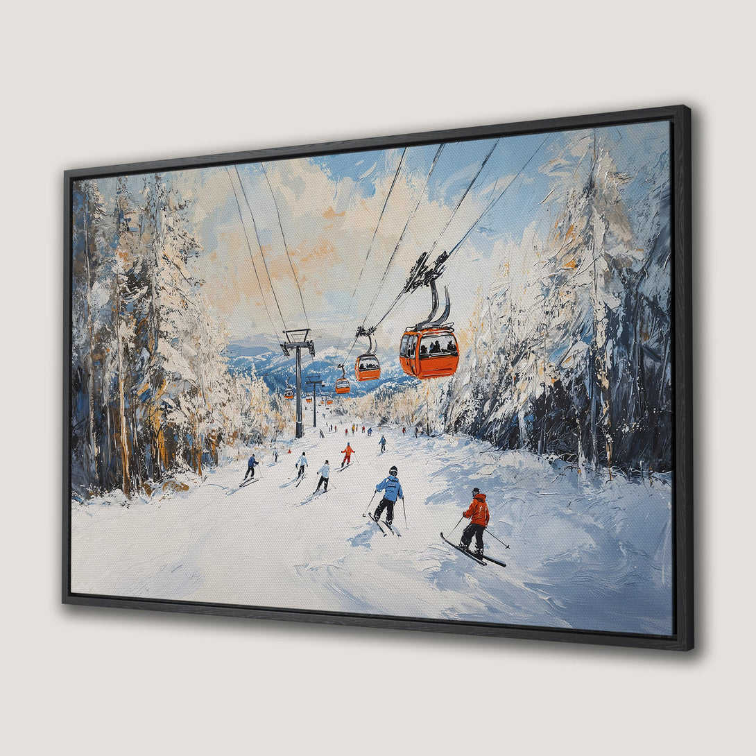 Framed Wall Art: Skiers on a snowy mountain scene. Impressionistic style with blue, white, and orange hues. Bring the beauty of winter indoors!