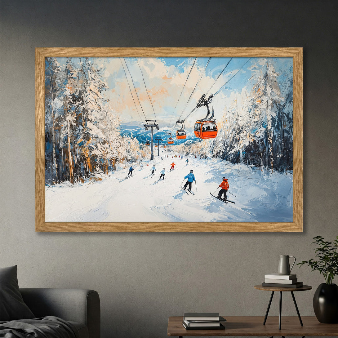 Framed Poster of a snowy ski slope scene in an impressionist style. Features skiers, orange ski lifts, and a blue, white, and orange color palette.