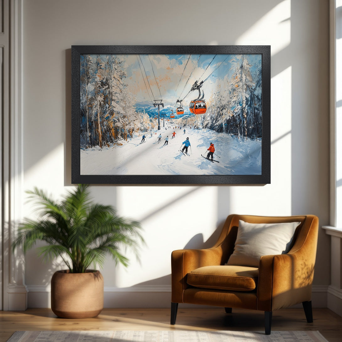 Framed Poster of a vibrant ski resort scene, impressionistic style with blue, white, and orange hues. Perfect wall art for your home!