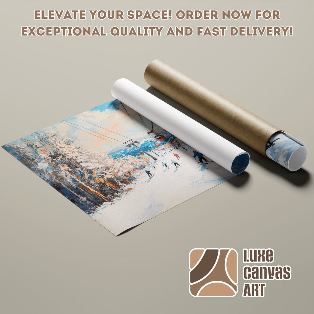 Poster Roll of a ski resort landscape, impressionistic style, blue and white color palette. Order yours today!