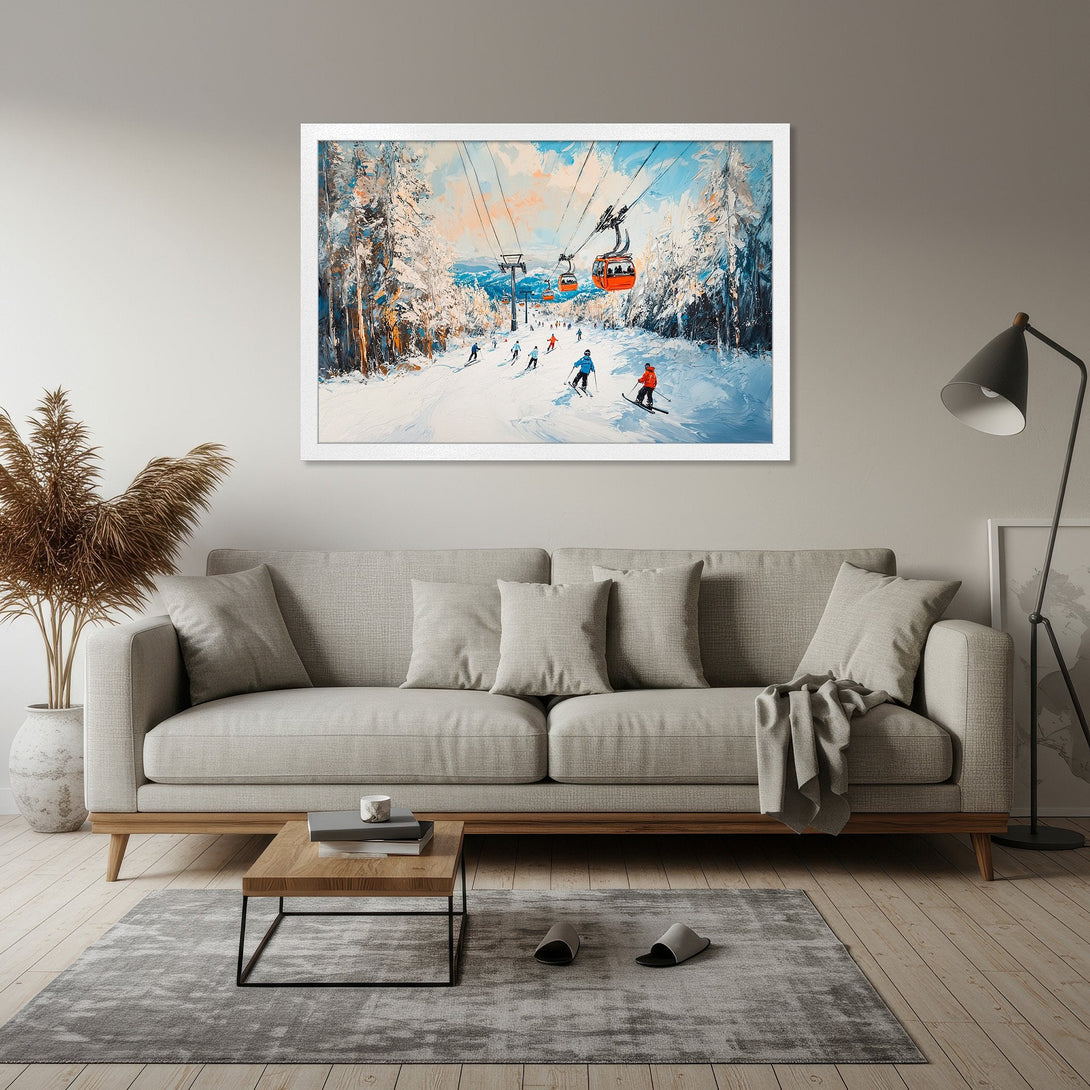 Framed Poster of a snowy ski slope scene, oil painting style. Features skiers, orange ski lifts, and a blue, white, and orange color palette.