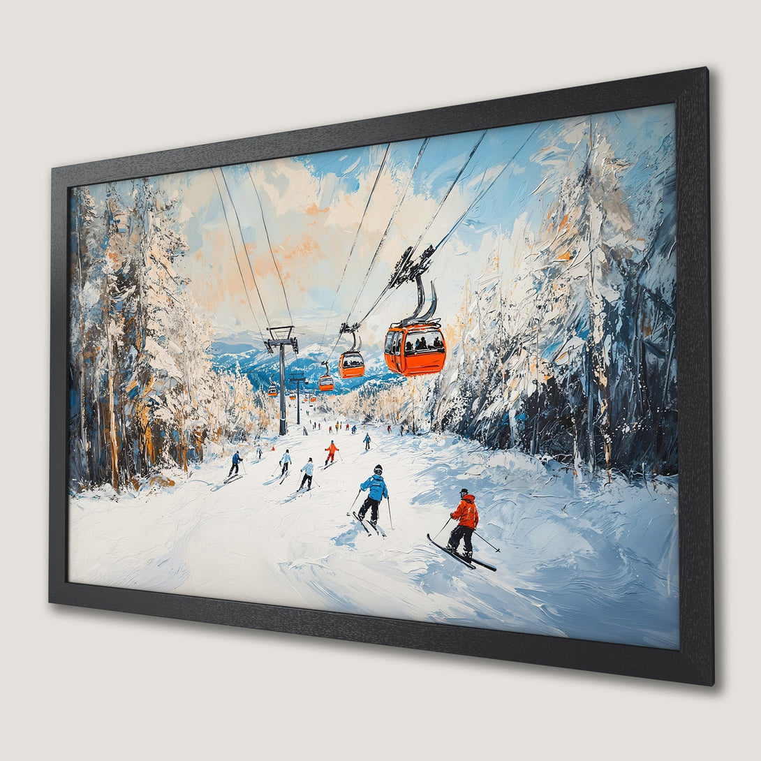 Framed Poster of a snowy ski slope scene, oil painting style, with a blue, white, and orange color palette.