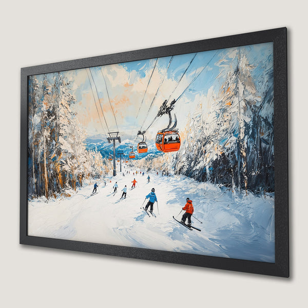 Framed Poster of a snowy ski slope scene, oil painting style, with a blue, white, and orange color palette.