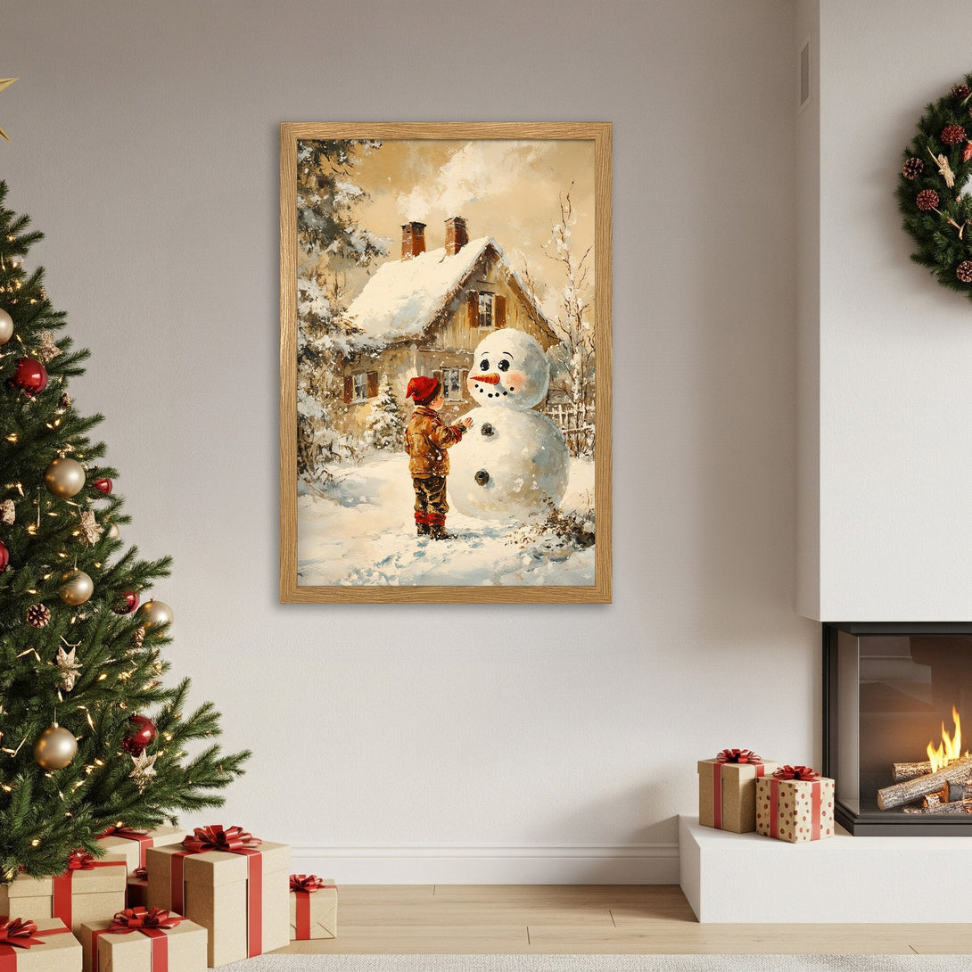 Framed Poster featuring a winter scene with a child and snowman, warm color palette, perfect for holiday decor.