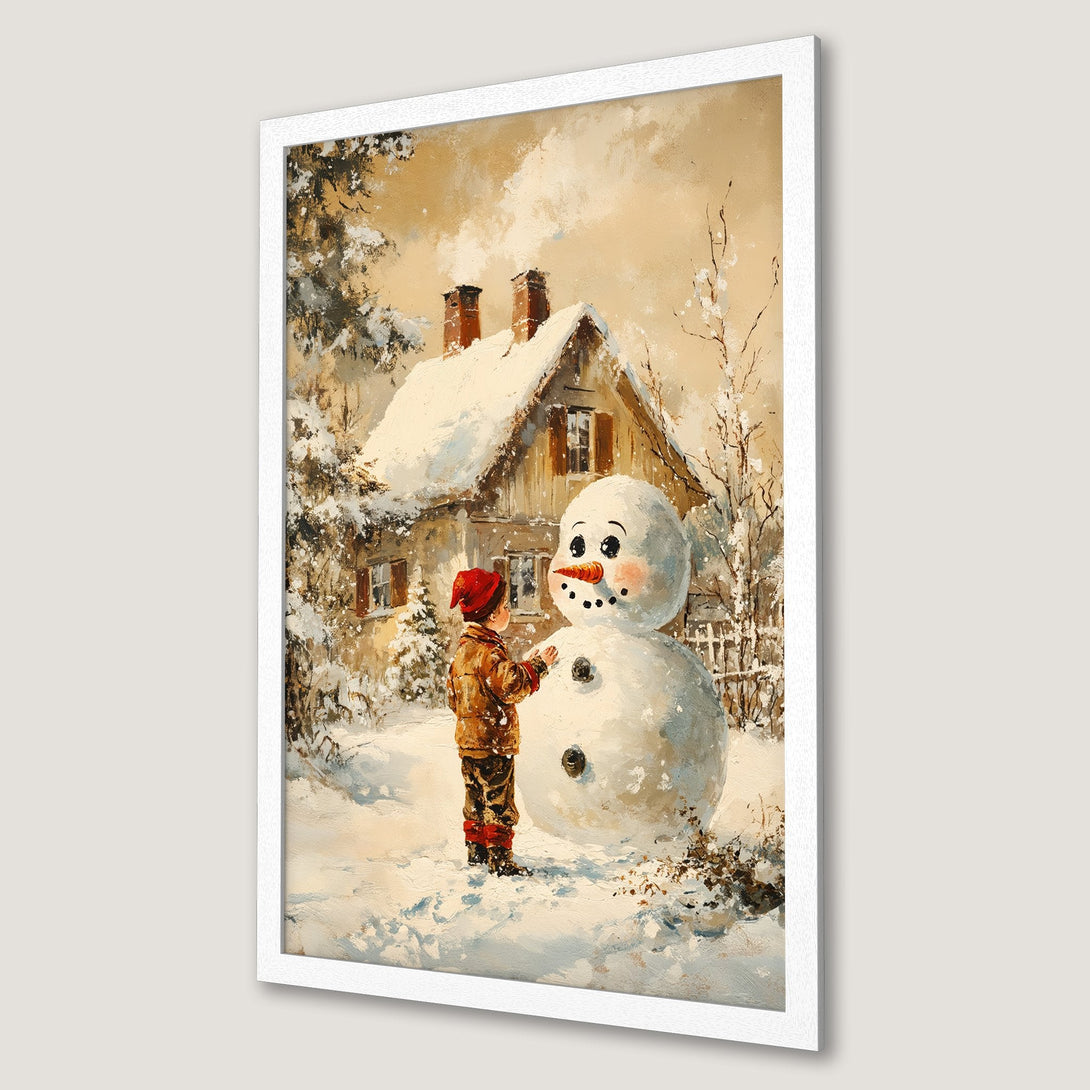 Framed Poster of a child building a snowman in a winter scene. Warm, vintage style with a neutral color palette. Perfect winter decor!