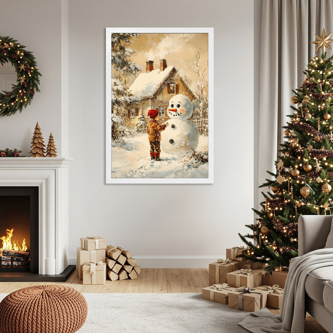 Framed Poster featuring a child building a snowman in a winter scene, warm colors. Perfect holiday decor!
