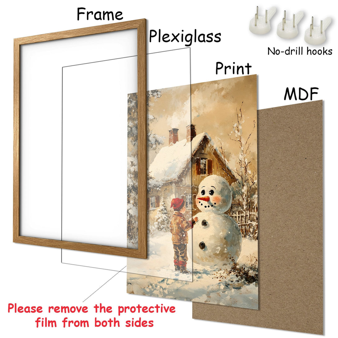 Framed Poster featuring a winter scene with a snowman and child, warm color palette. Perfect wall art for your home!