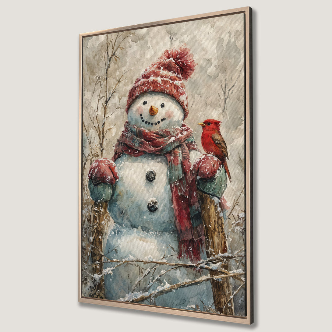 Framed Wall Art: Watercolor snowman with cardinal, winter scene. Warm red and neutral tones create cozy holiday decor. Perfect for your home this season!