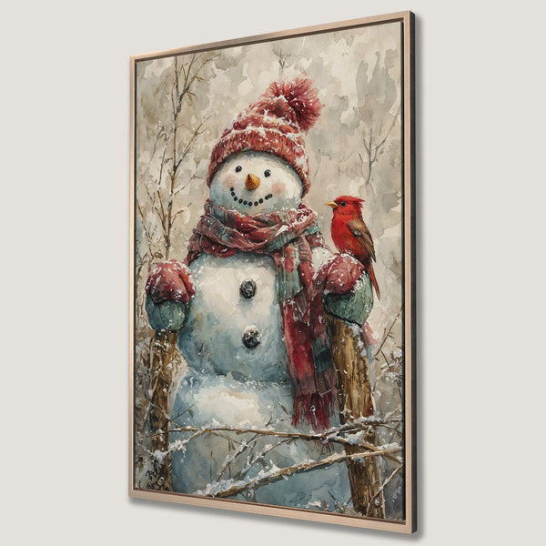 Framed Wall Art: Watercolor snowman with cardinal, winter scene. Warm red and neutral tones create cozy holiday decor. Perfect for your home this season!