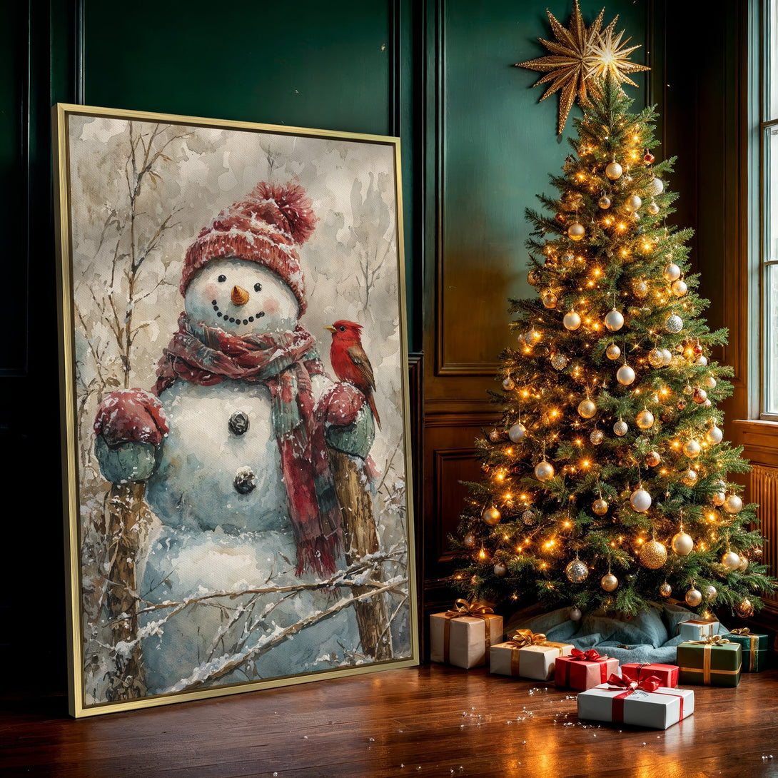 Canvas Print of a watercolor snowman with a red cardinal, perfect winter wall art. Neutral color palette for cozy holiday decor.