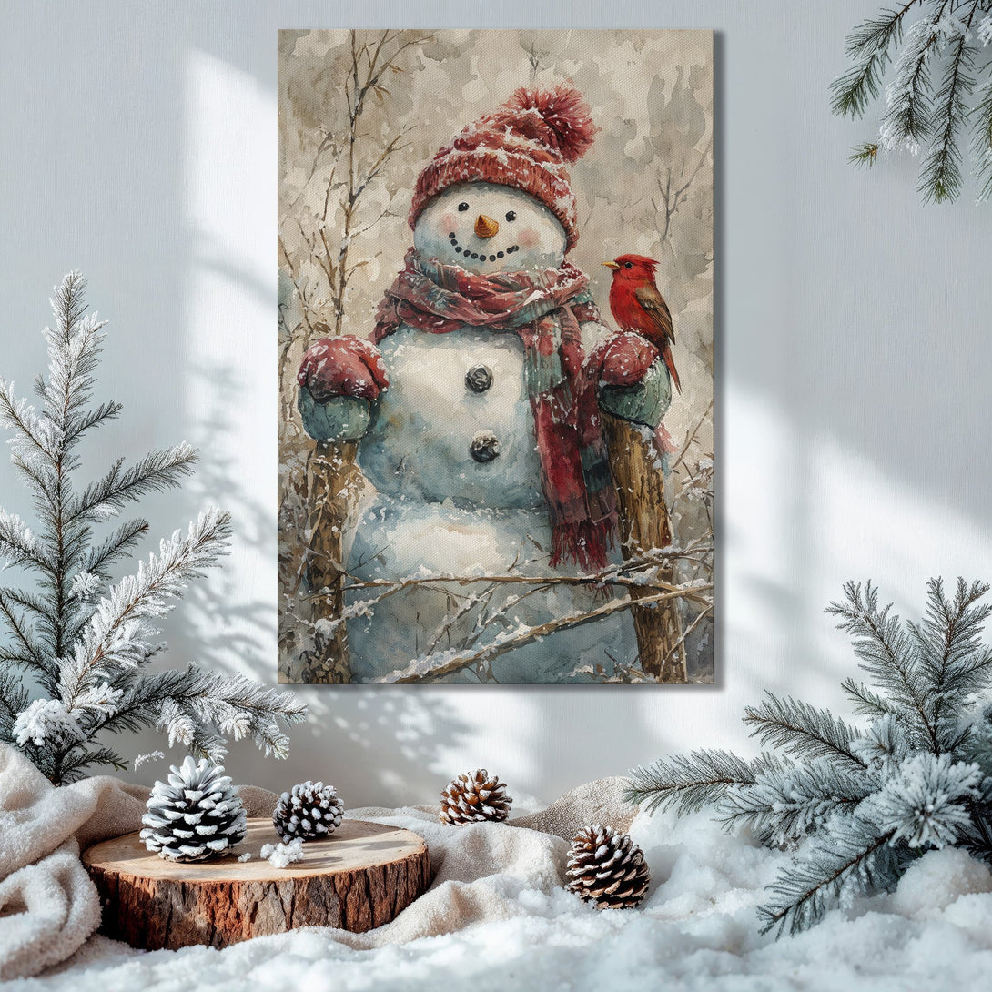Framed Wall Art: Watercolor snowman print with red accents, displayed in cozy Christmas interior. Winter art with a warm, inviting color palette.