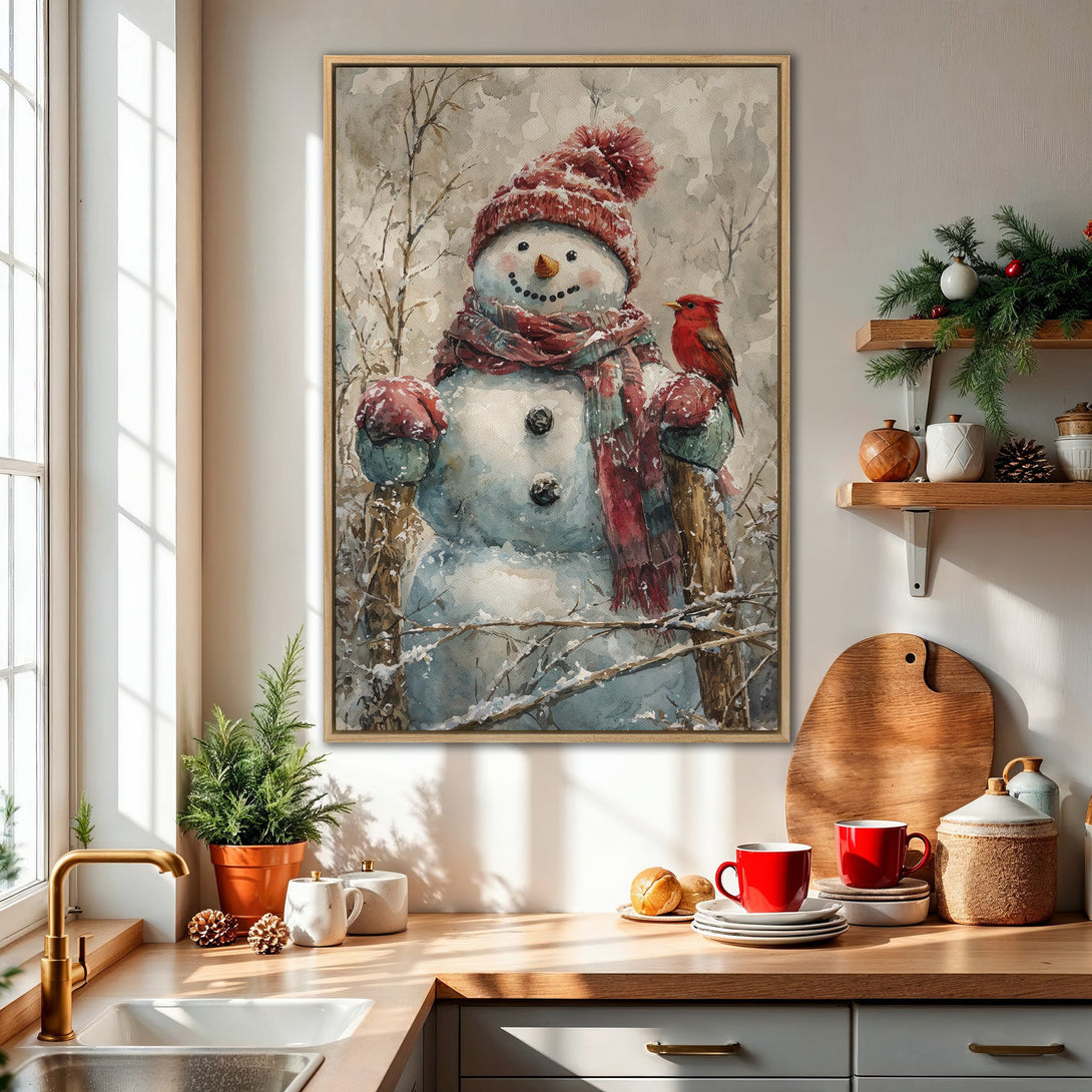 Framed Wall Art: Watercolor snowman print with red cardinal. Cozy winter scene in neutral and red tones. Perfect for holiday decor.