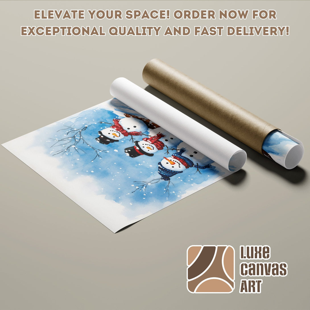 Watercolor snowman Poster Roll, blue and white winter art, perfect for your space! Order now.