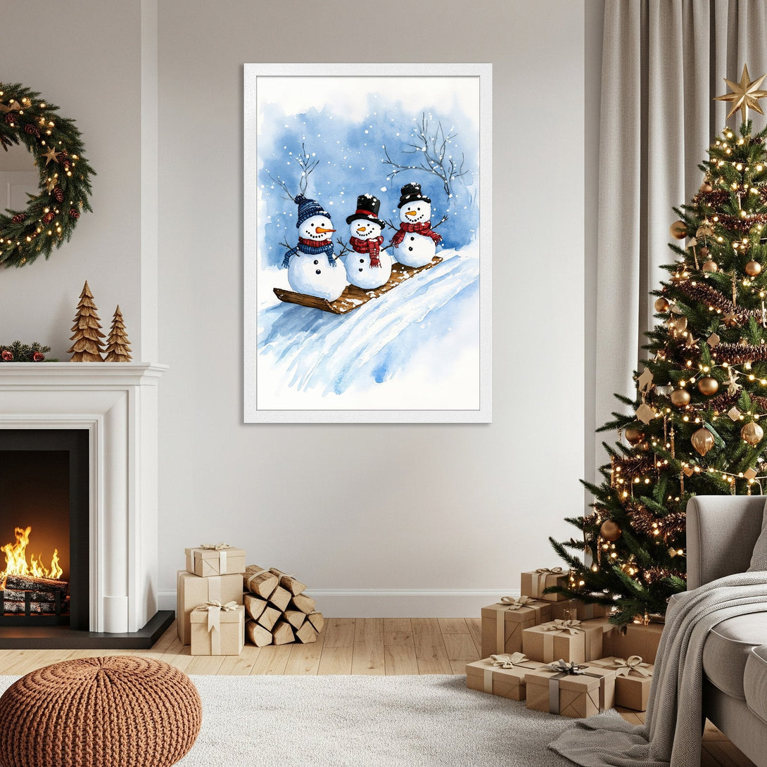 Framed Poster featuring watercolor snowmen on a sled. Winter art in blue and white tones, perfect for holiday decor.