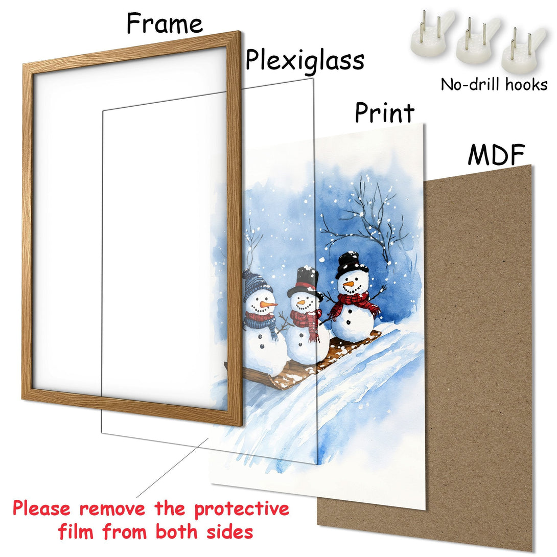 Framed Poster featuring watercolor snowmen in a winter scene. Blue & white color palette, perfect for holiday decor.