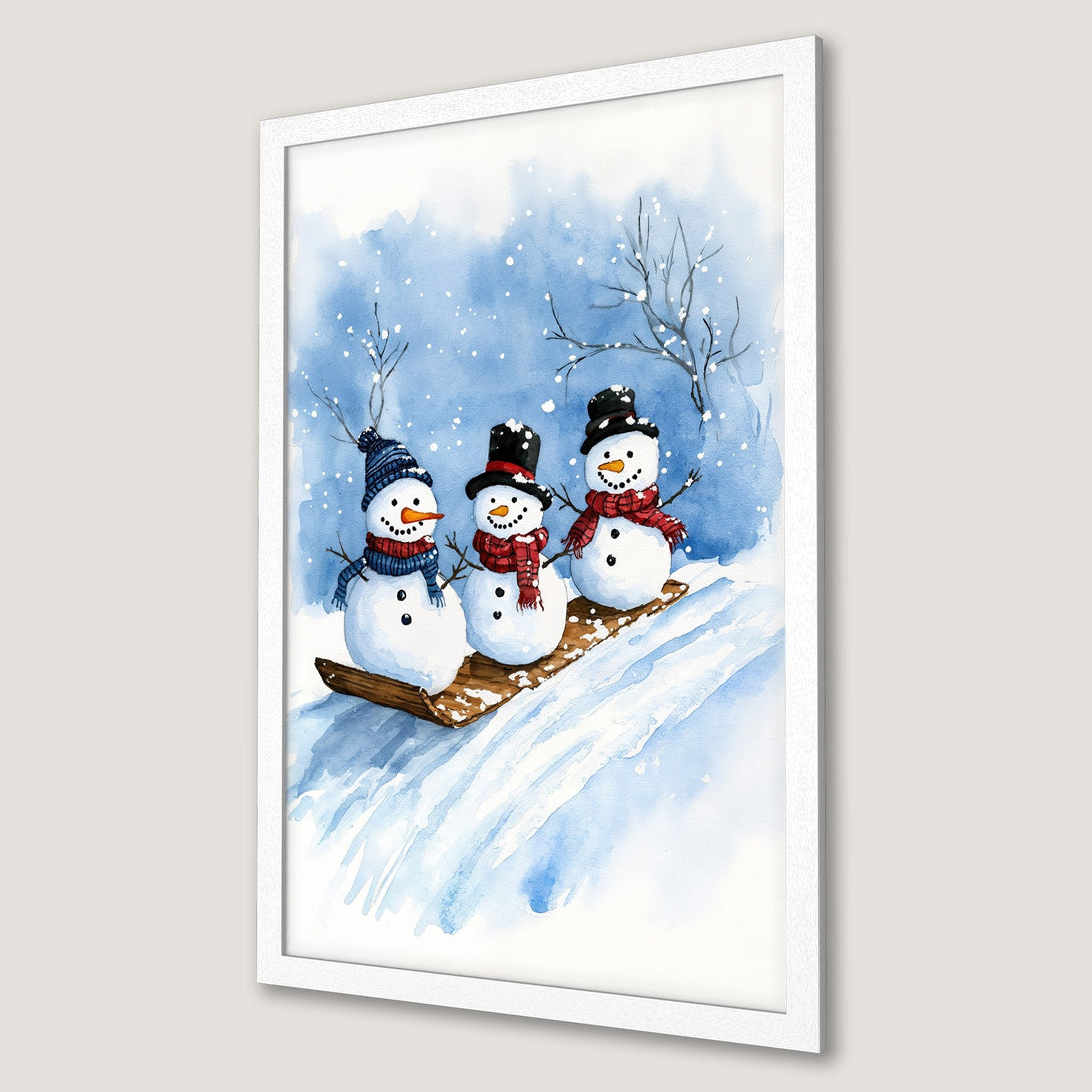 Framed Poster featuring a watercolor painting of three snowmen in a winter scene. Blue and white color palette, whimsical style.