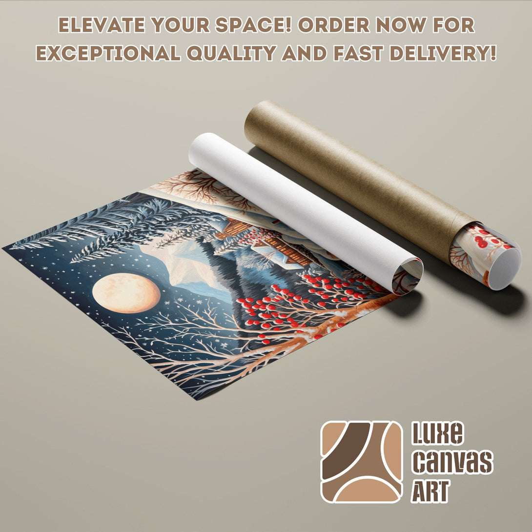 Winter landscape Poster Roll with a blue, brown, and red color palette. Order now!