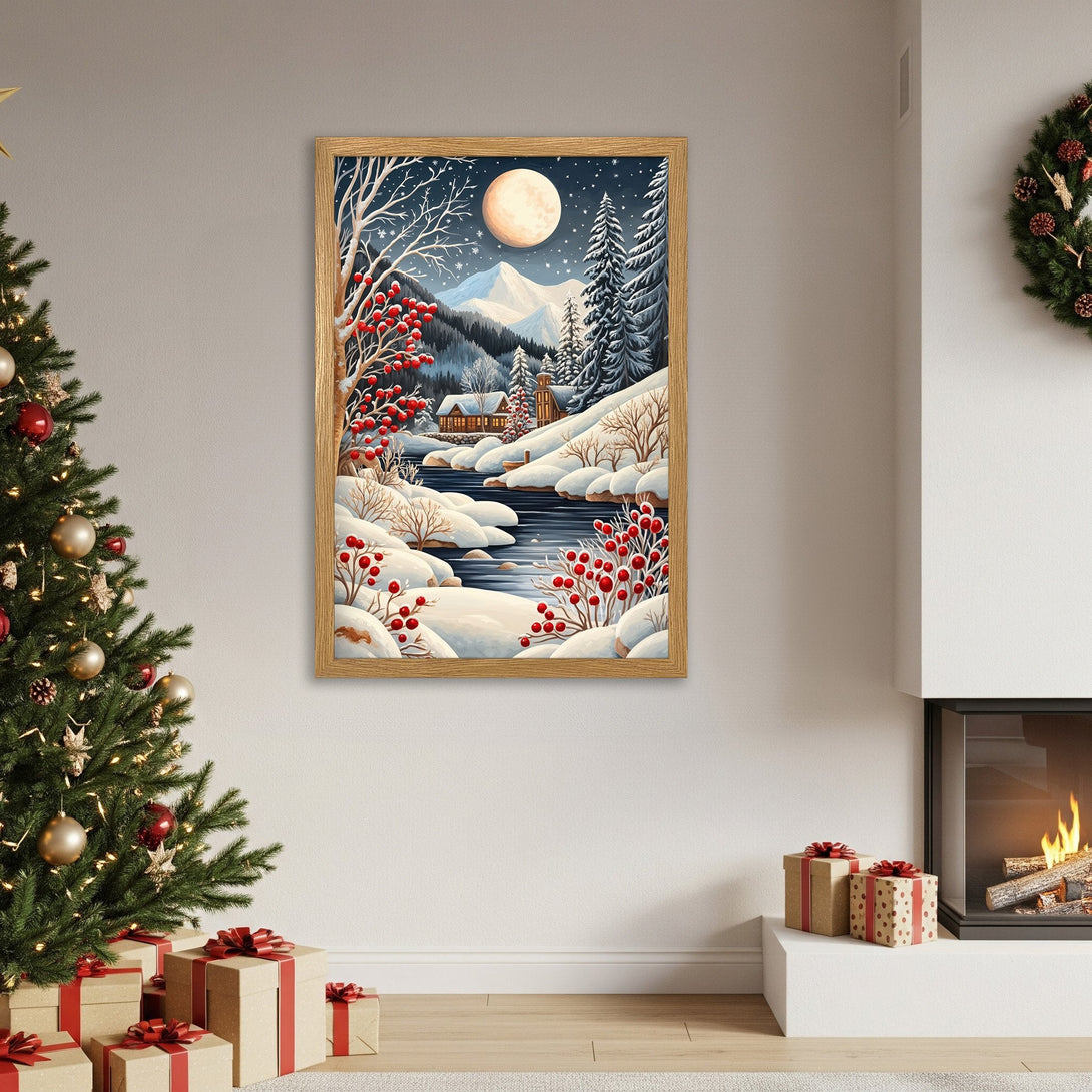 Framed Poster of winter landscape with snow, red berries, and a full moon. Cozy art in blue, white, and warm tones. Perfect holiday decor!