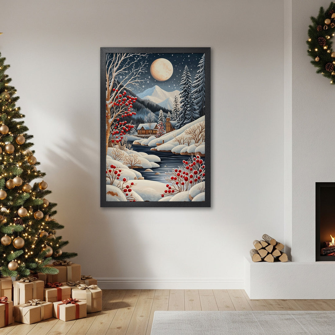 Framed Poster of a winter landscape with a full moon. Featuring a cozy cabin, snow, and red berries. Perfect for holiday decor!