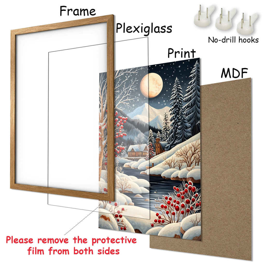 Framed Poster of a winter landscape with a cabin, in a blue and brown color palette. Perfect wall art for your home!