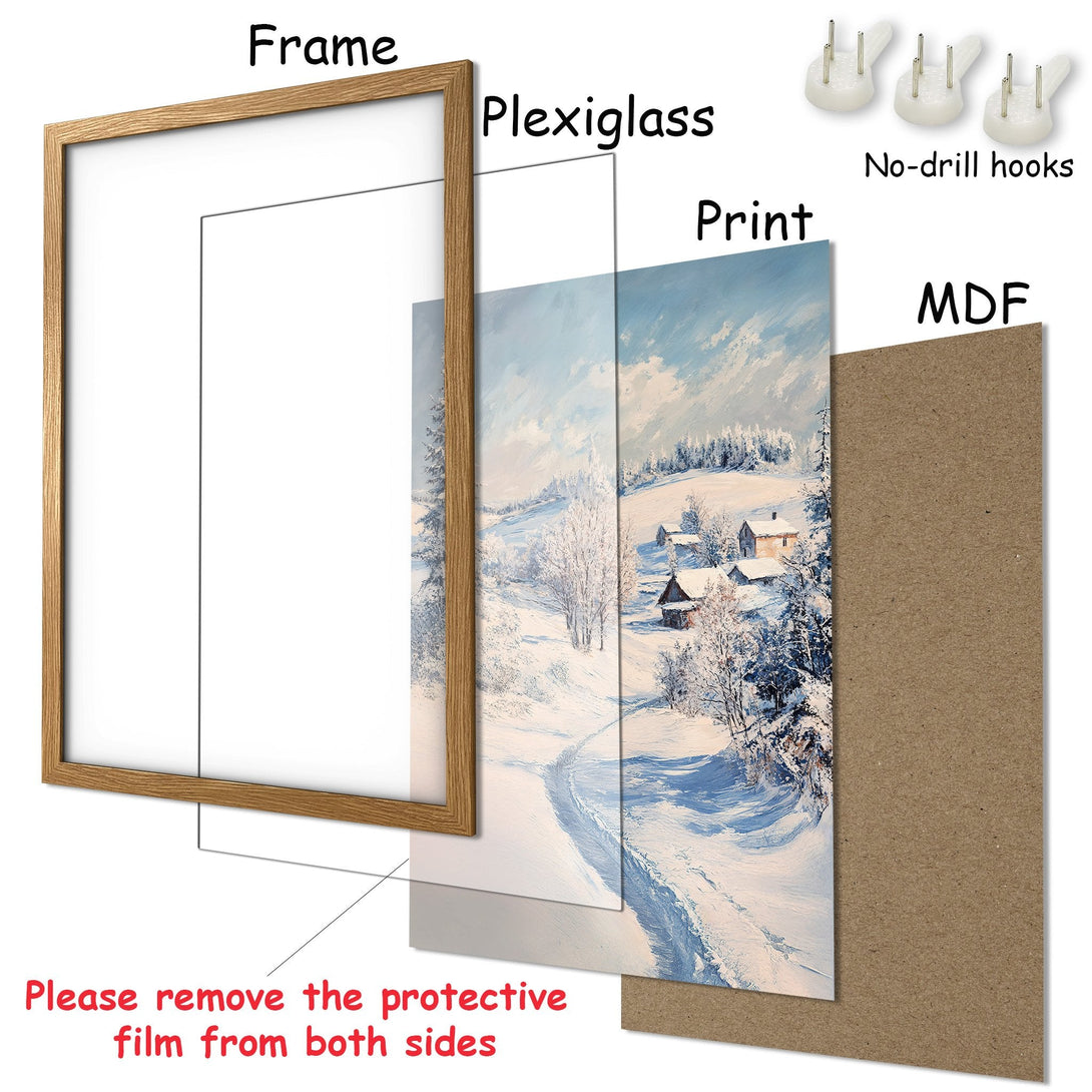 Framed Poster: Winter landscape art print in blue and white, perfect for home decor. Ready to hang!