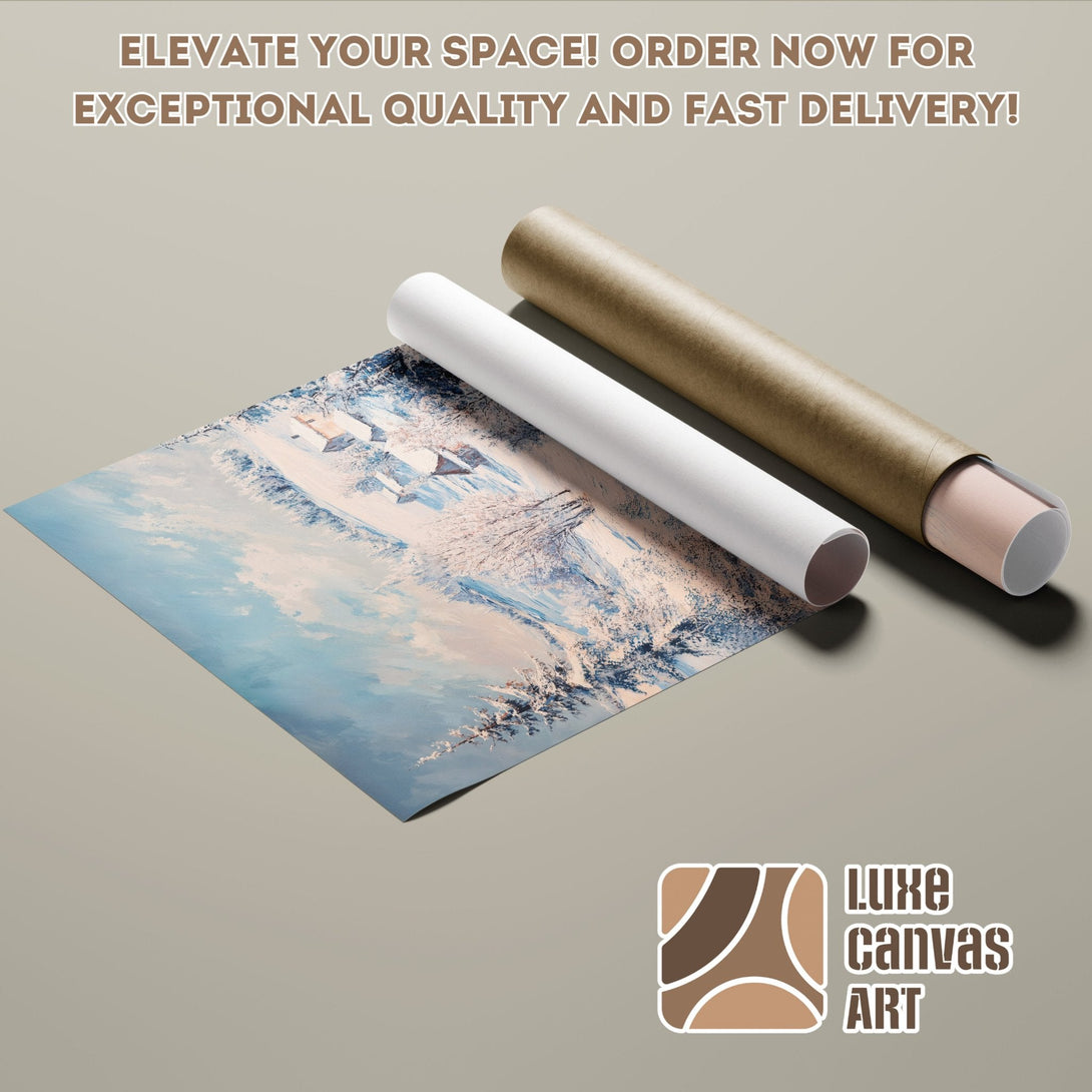 Poster Roll featuring a winter landscape art print, blue and white color palette.
