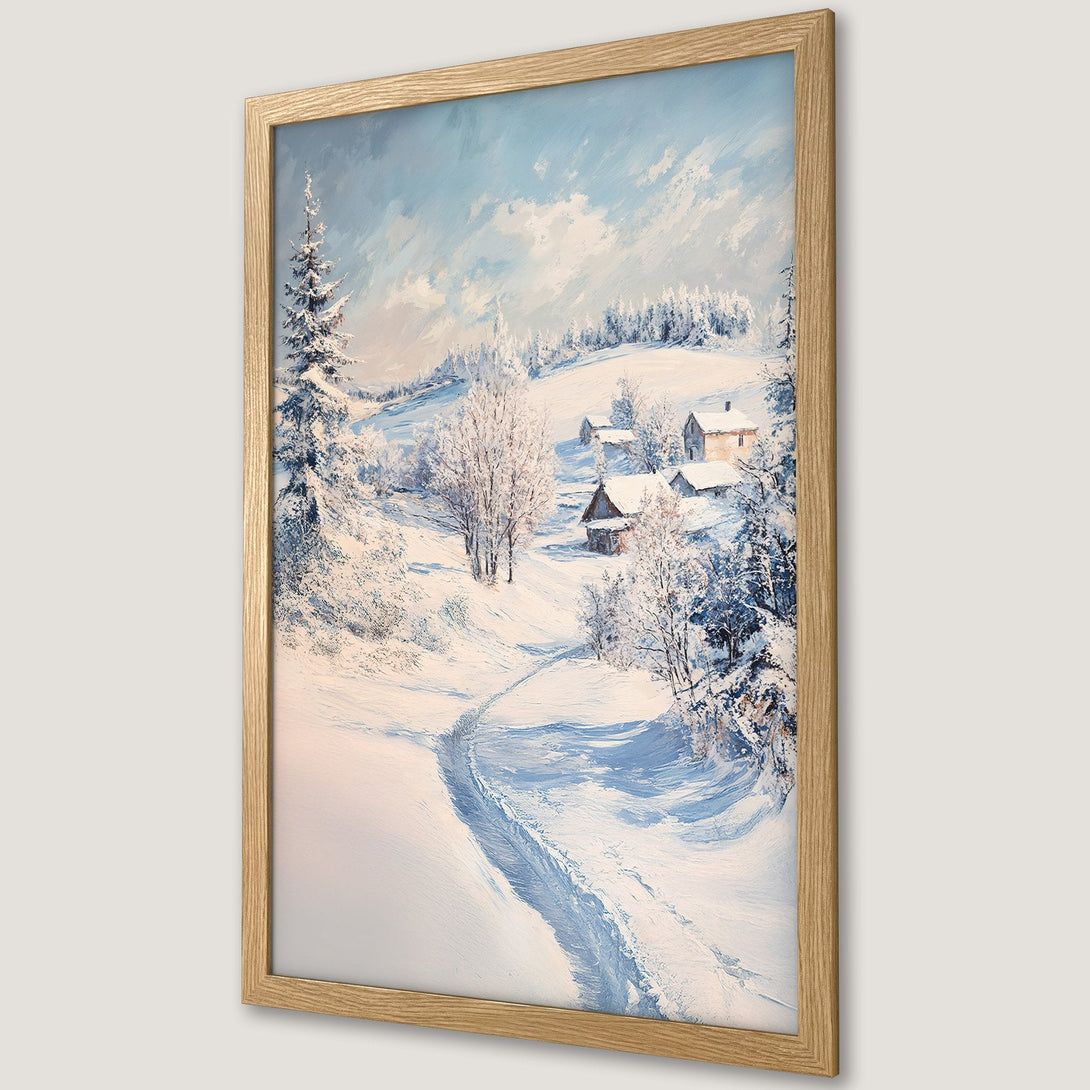 Framed Poster of a snowy winter landscape painting, featuring a serene village scene in a blue and white color palette.