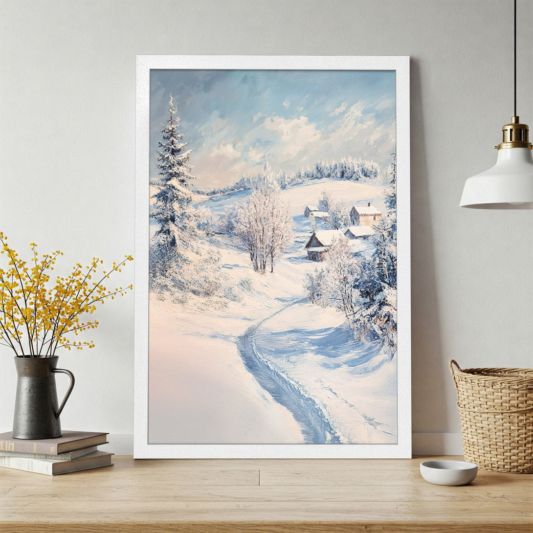 Framed Poster: Winter landscape art print in cool blue and white tones. Perfect for cozy home decor.