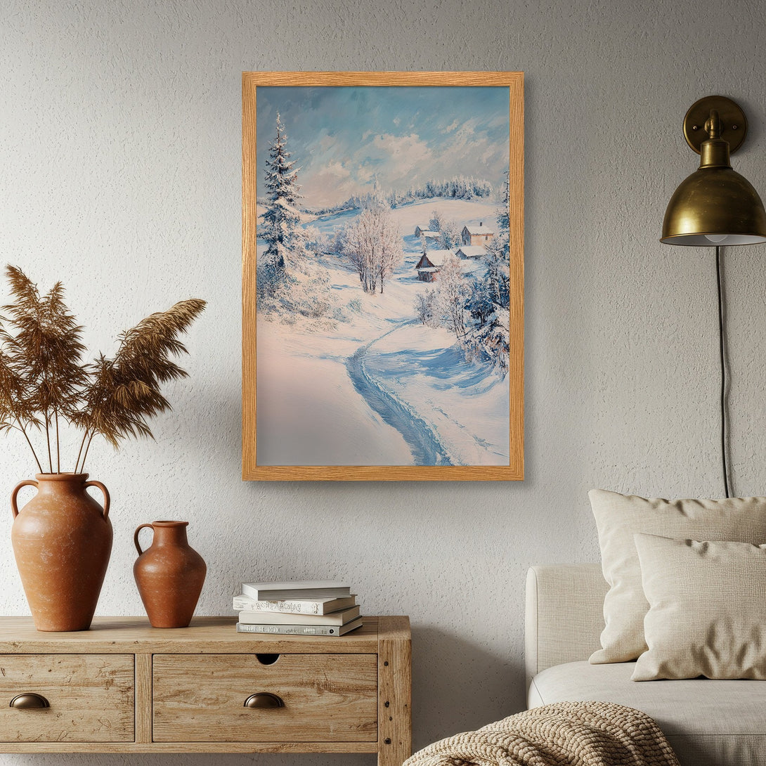 Framed Poster of a snowy winter landscape painting in cool blue and white tones. Perfect wall art for a cozy home.