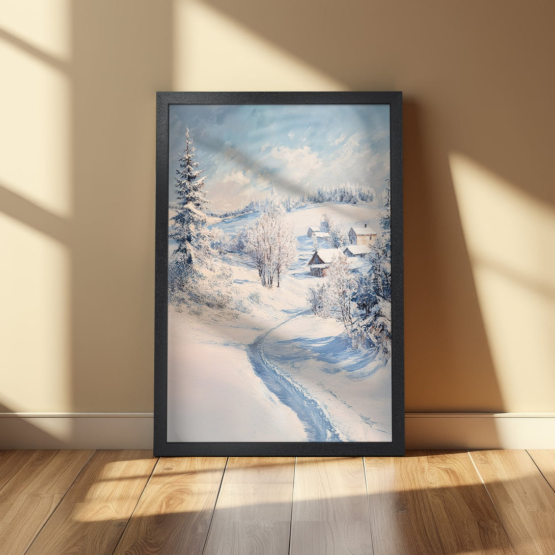 Framed Poster of a winter landscape painting in a blue and white color palette, showcasing a snowy village scene.