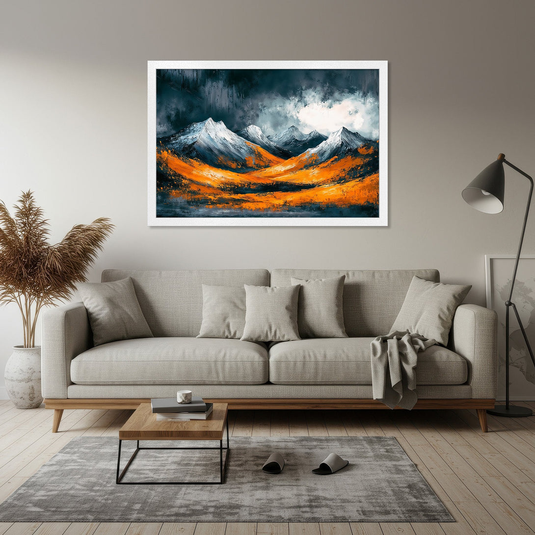 Framed Poster featuring abstract mountain landscape art. Bold brushstrokes with orange, blue, and white color palette. Perfect for modern home decor.