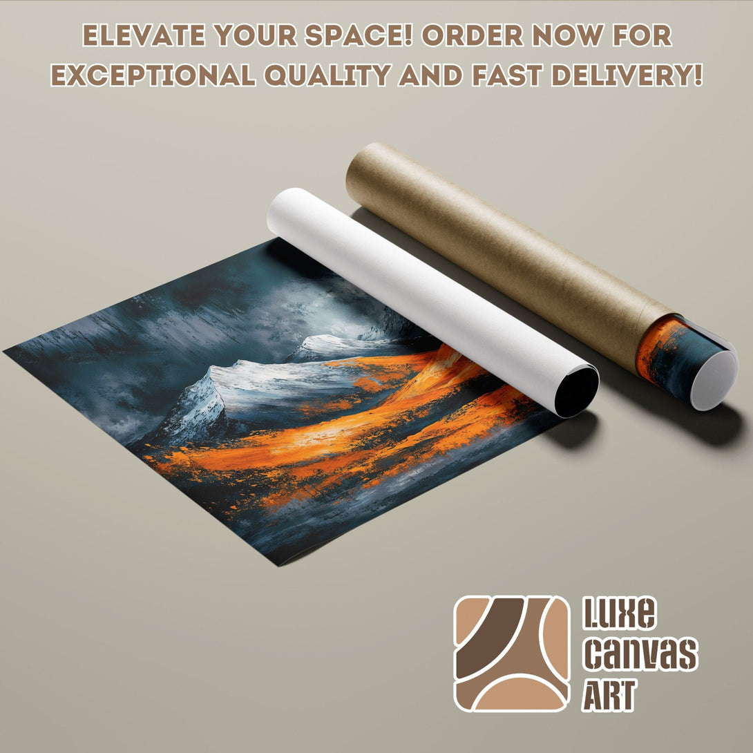 Abstract mountain landscape poster roll in blue, orange, and white. Elevate your space!