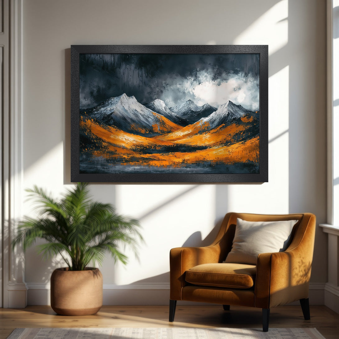 Framed Poster featuring an abstract mountain landscape in a dramatic style with a dark, orange, and white color palette.