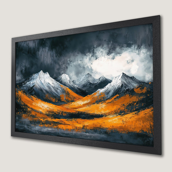 Framed Poster of a mountain landscape in an abstract style with orange, gray, and white colors.