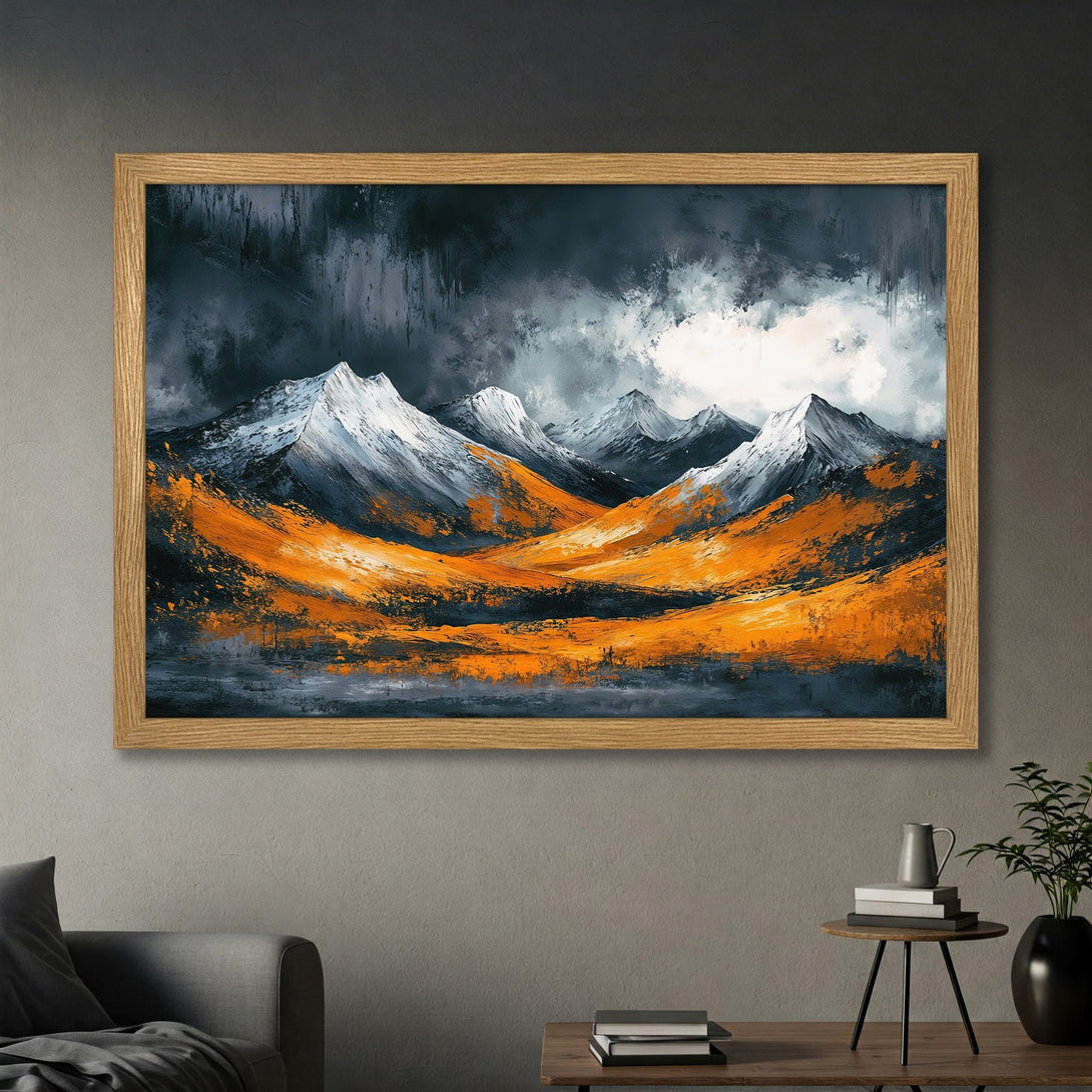Framed Poster featuring an abstract mountain landscape in a dramatic style with a striking orange, gray, and white color palette.