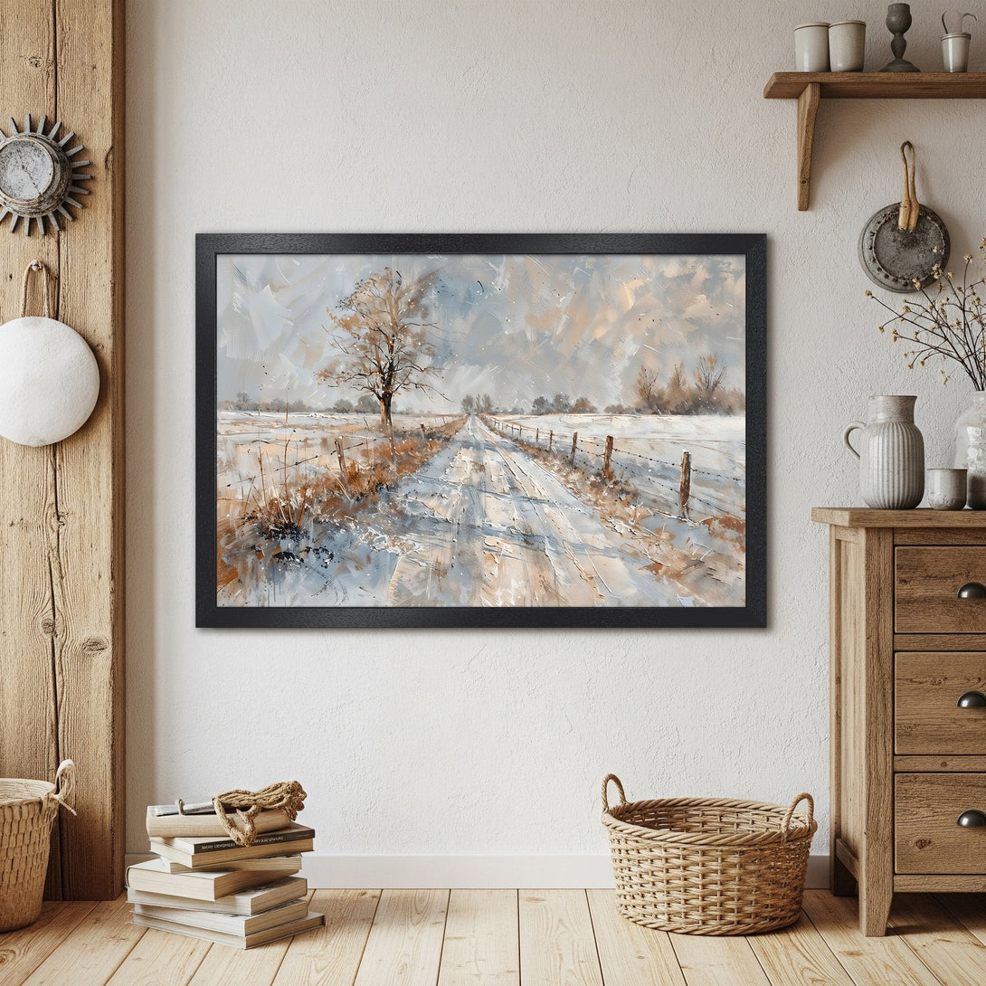 Framed Poster of a winter landscape painting in neutral tones. Perfect wall art for a cozy home.