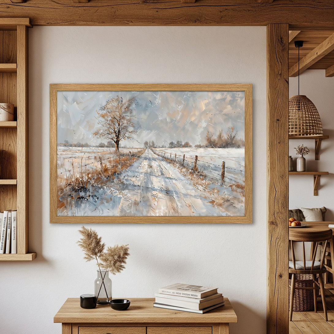 Framed Poster of a winter landscape painting. Impressionist style with a muted blue, brown, and white color palette. Perfect wall art for your home.