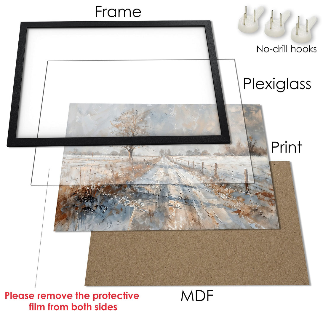 Framed Poster: Winter landscape art print with a neutral, watercolor style and a muted color palette. Ready to hang!