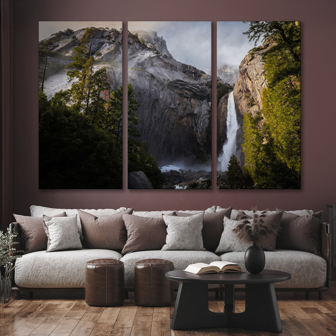 Canvas Print of a majestic waterfall in a triptych format, showcasing nature's beauty. Earthy tones and greens create a calming, modern aesthetic.