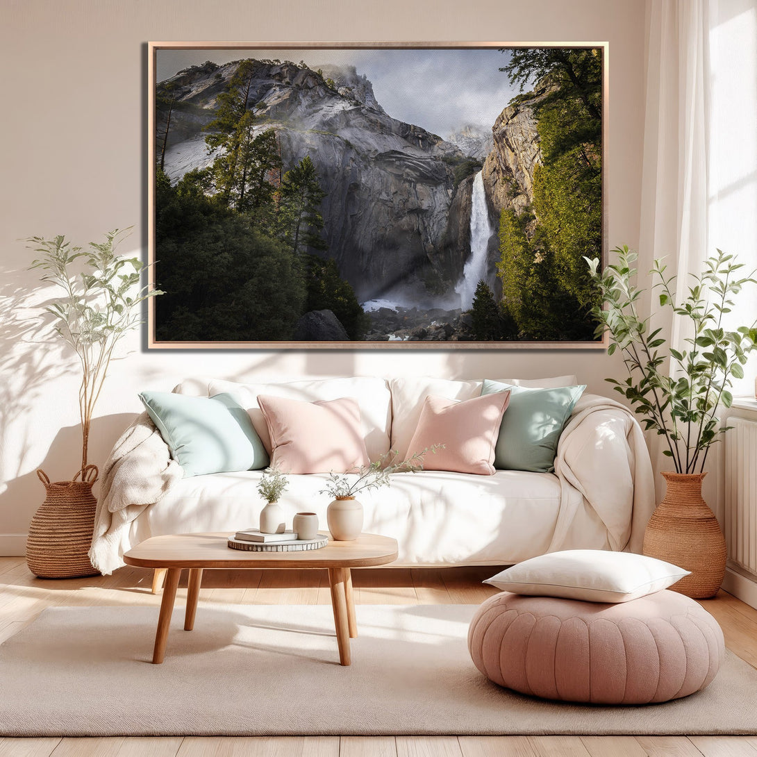 Framed Wall Art: Majestic waterfall landscape in neutral tones. Bring nature's beauty indoors with this stunning canvas print. Perfect for modern home decor.
