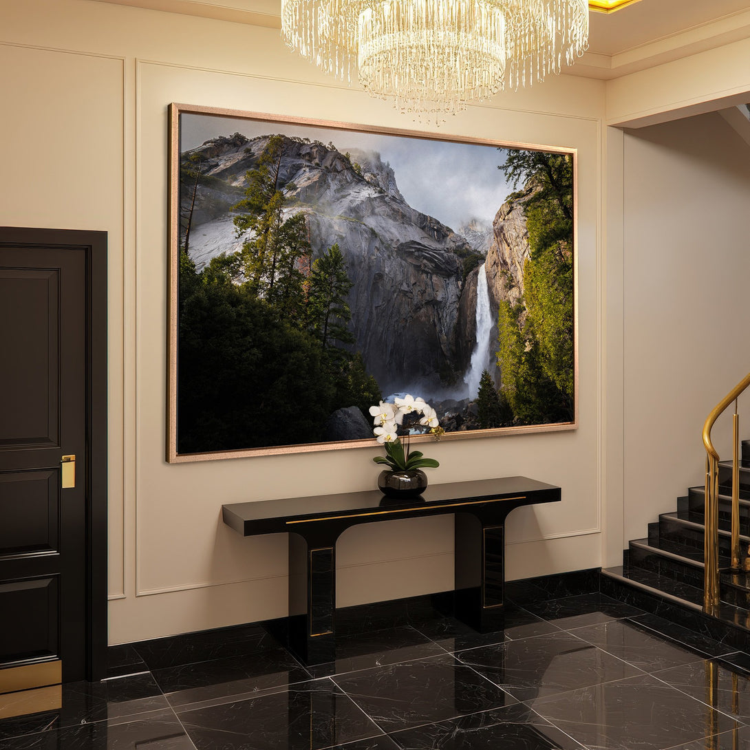 Framed Wall Art: Majestic waterfall canvas print in a modern interior. Earthy tones and green hues create a serene, elegant ambiance.
