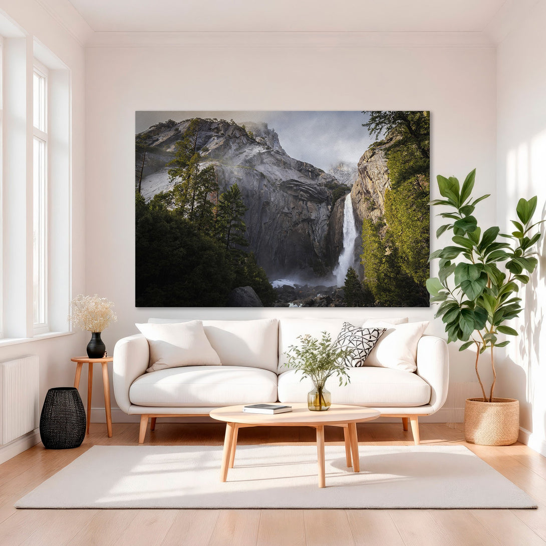 Framed Wall Art: Majestic waterfall canvas print in a gold frame. Earthy tones with lush greens and dramatic rock formations. Elevate your home decor!