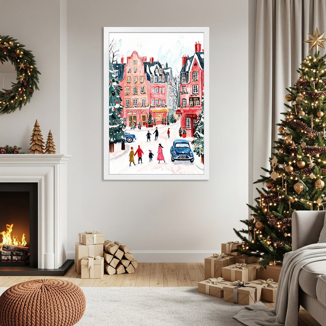 Framed Poster of a charming winter street scene in watercolor style, featuring pink buildings. Cozy holiday decor with a warm color palette.