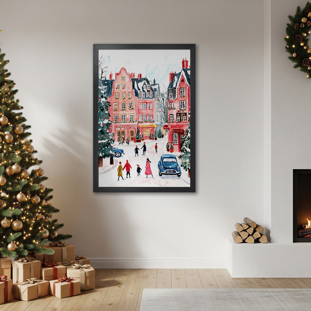 Framed Poster of a winter street scene in watercolor style. Pink and blue color palette, perfect for holiday decor.