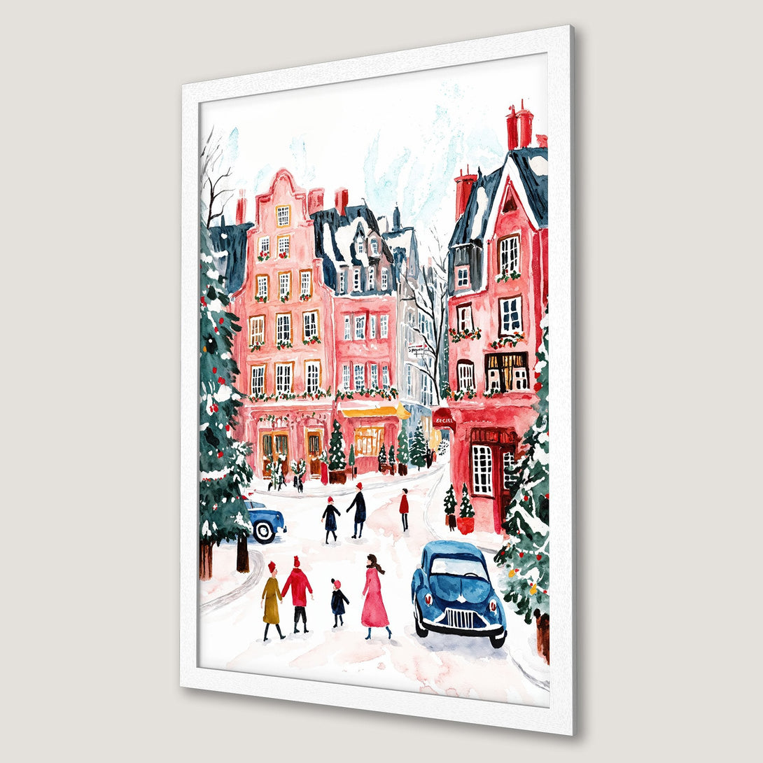 Framed Poster of a charming winter street scene in watercolor style. Featuring pink buildings, blue cars, and a festive color palette. Perfect wall art!