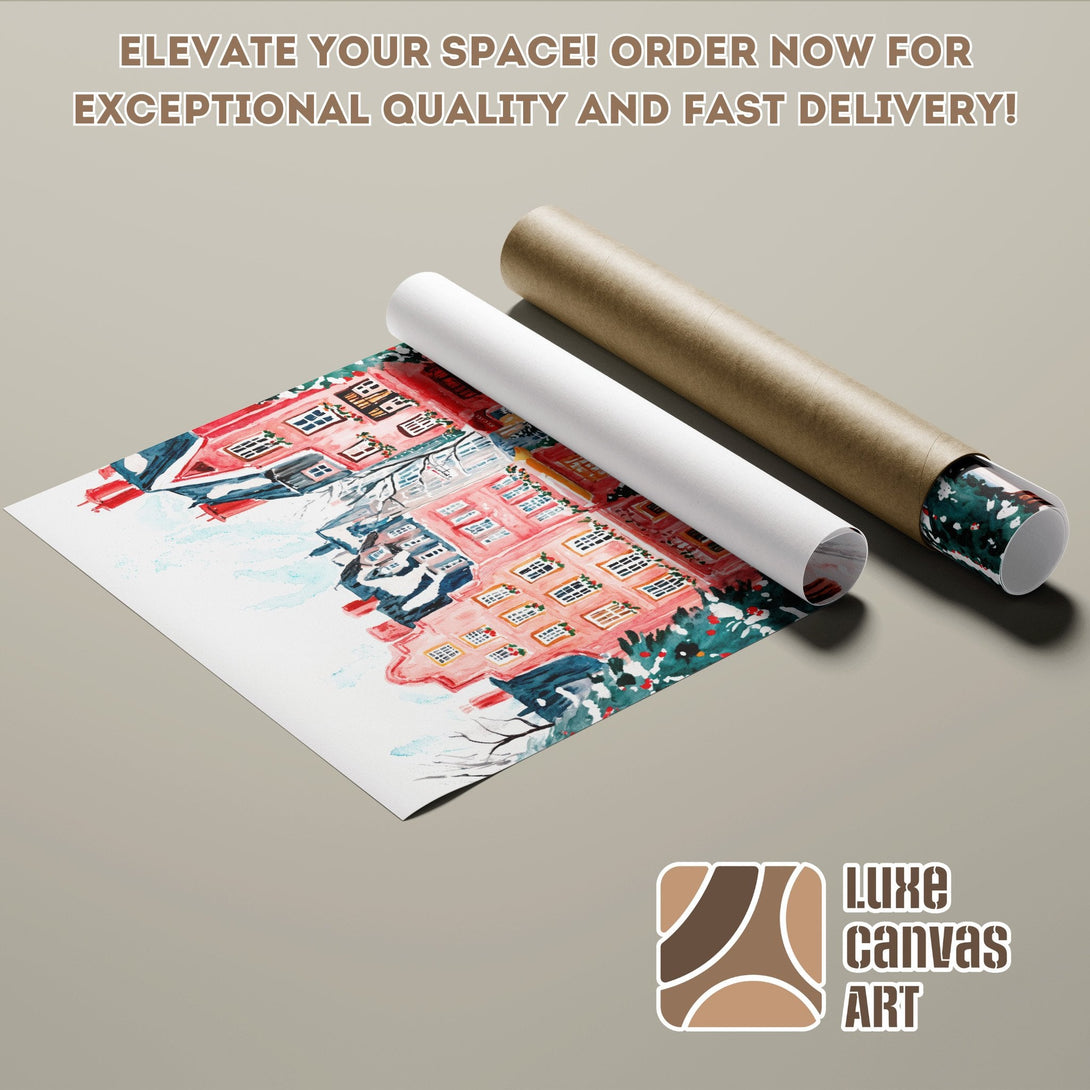 Watercolor Poster Roll featuring a red building, artistic style, with a vibrant color palette.