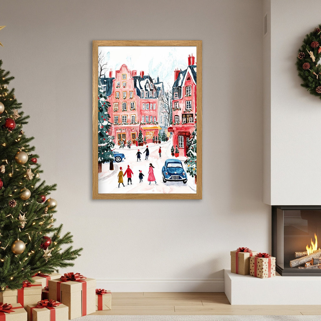 Framed Poster of a winter street scene in watercolor style. Featuring pink buildings, blue cars, and a festive color palette. Perfect holiday decor!